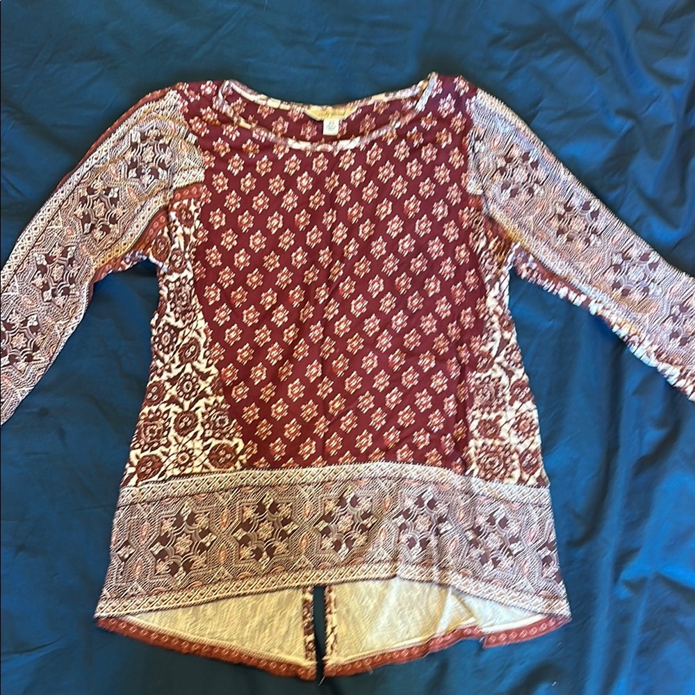 Lucky Brand Maroon and Cream Patterned Blouse